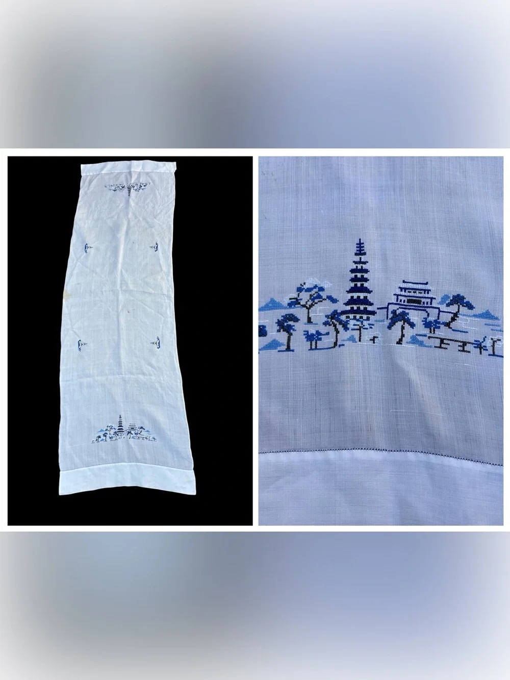 Vintage Hand-embroidered Pagoda Asian Oriental Motif Runner